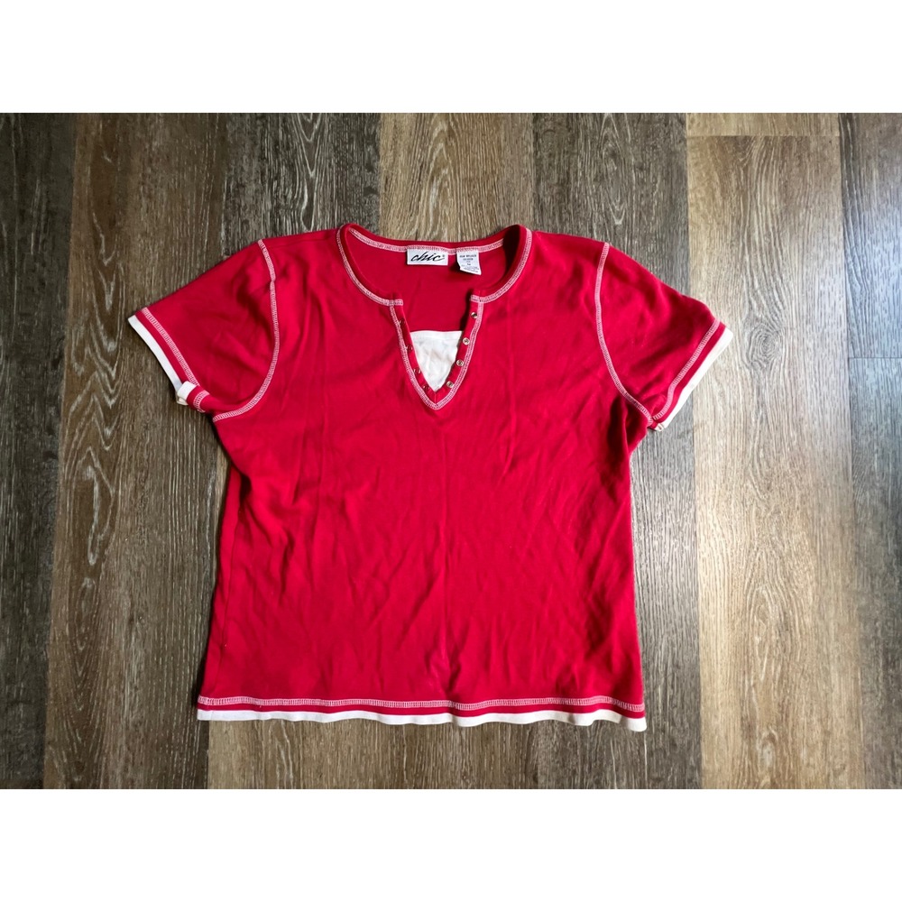 Chic Henley Top Women Medium Red Contrast Stitch Layered Look Short Sleeve Tee
